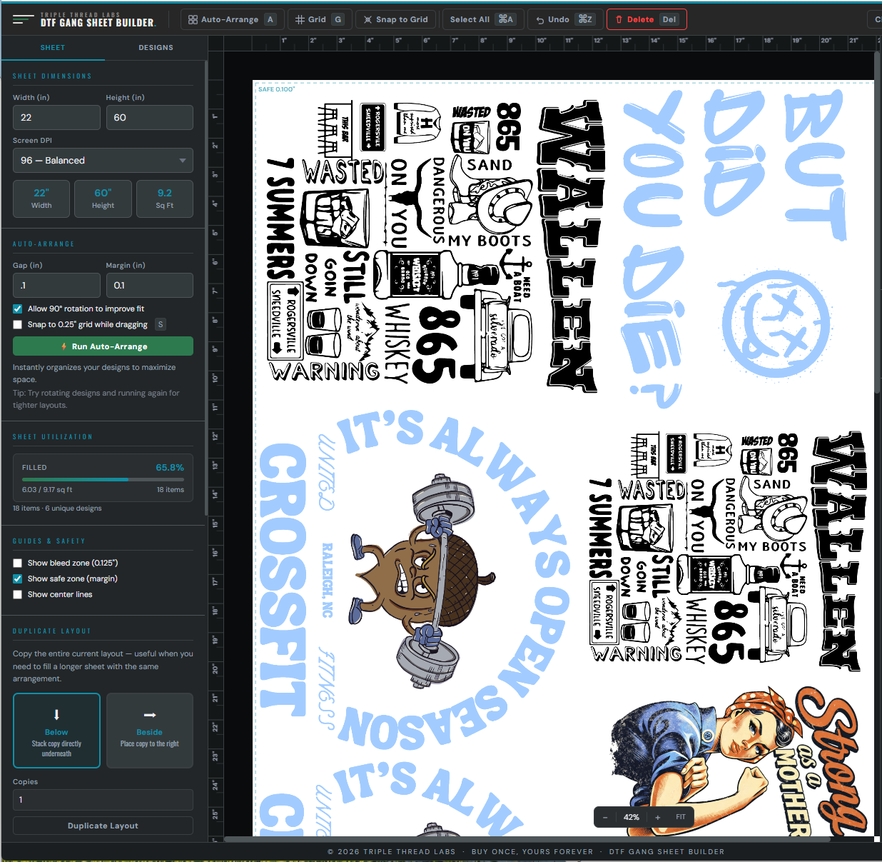 DTF Gang Sheet Builder canvas after Auto-Arrange packs designs tightly across the full sheet for maximum coverage