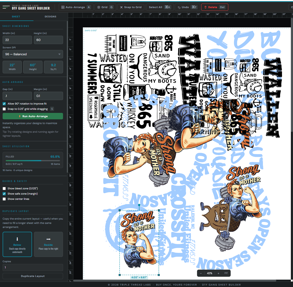 DTF Gang Sheet Builder canvas with designs placed loosely before running Auto-Arrange, at 65.8% sheet fill