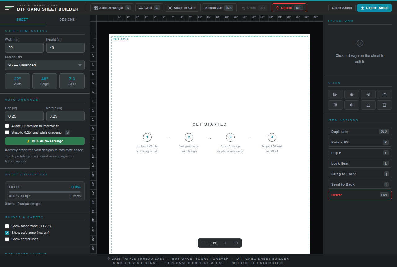 DTF Gang Sheet Builder from the Starter Kit: sheet setup, auto-arrange controls and live fill percentage