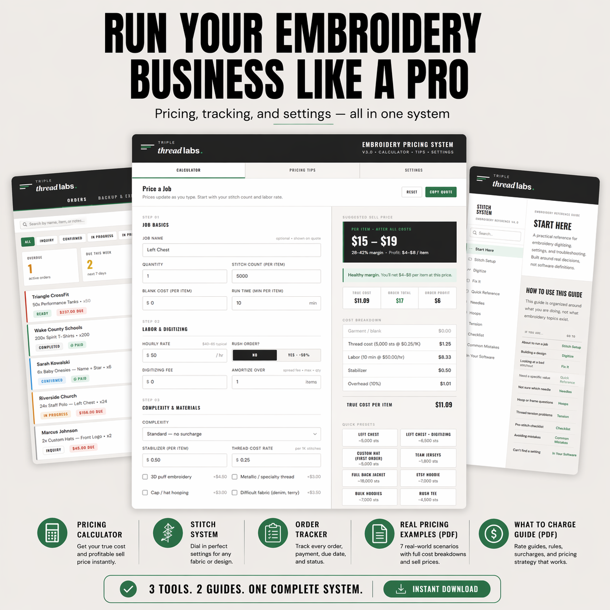 Embroidery Business Starter Kit — three tools showing pricing calculator, stitch system, and order tracker
