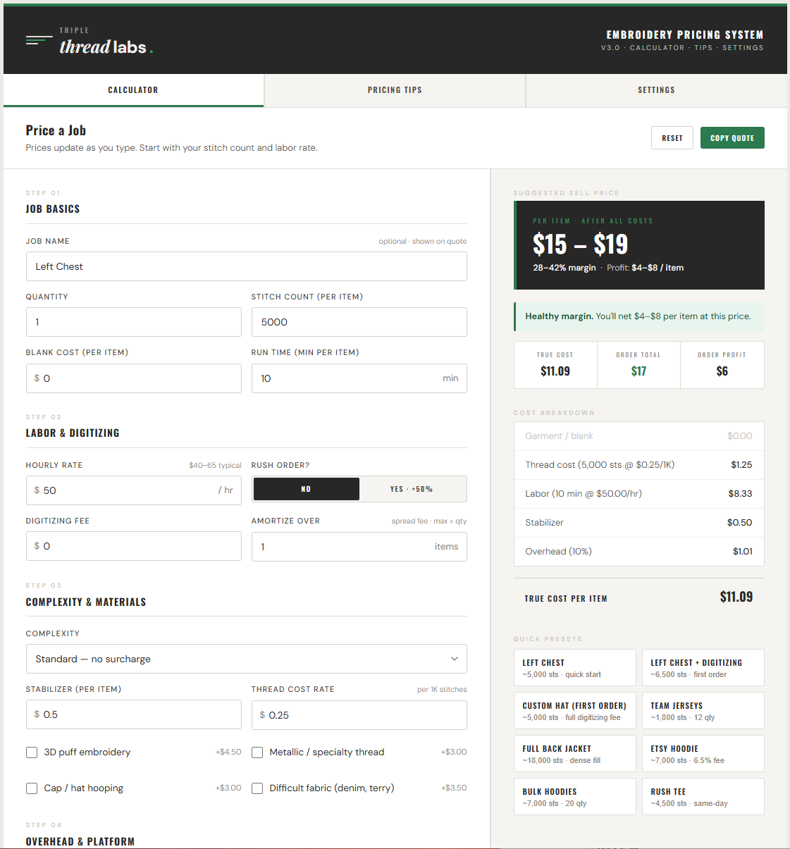 Embroidery Pricing System calculator showing stitch count, labor rate, and cost inputs with a suggested sell price of $15–$19 and a full cost breakdown