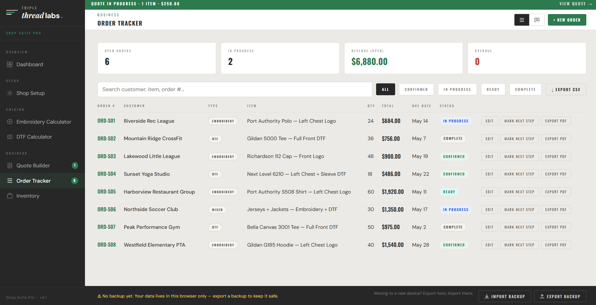 Complete Embroidery & DTF Shop Manager Order Tracker showing a list of orders with customer, item, quantity, total, due date, and status