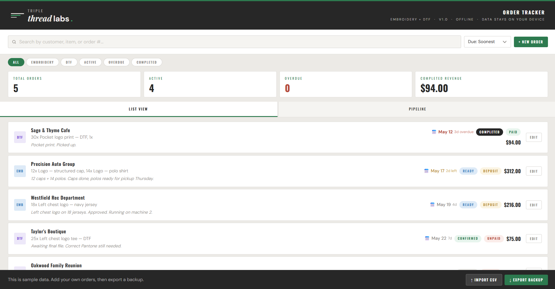 Order Tracker showing a list of orders with customer, item, due date, status, and payment state