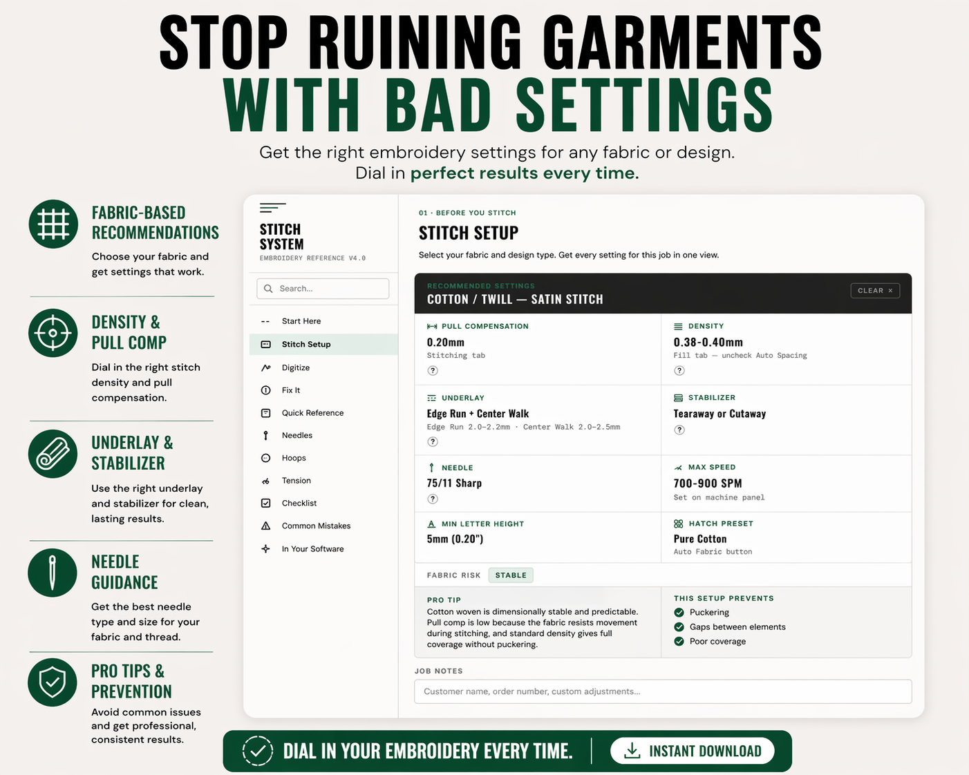 Embroidery Stitch System showing recommended settings for cotton/twill — density, underlay, needle, and stabilizer